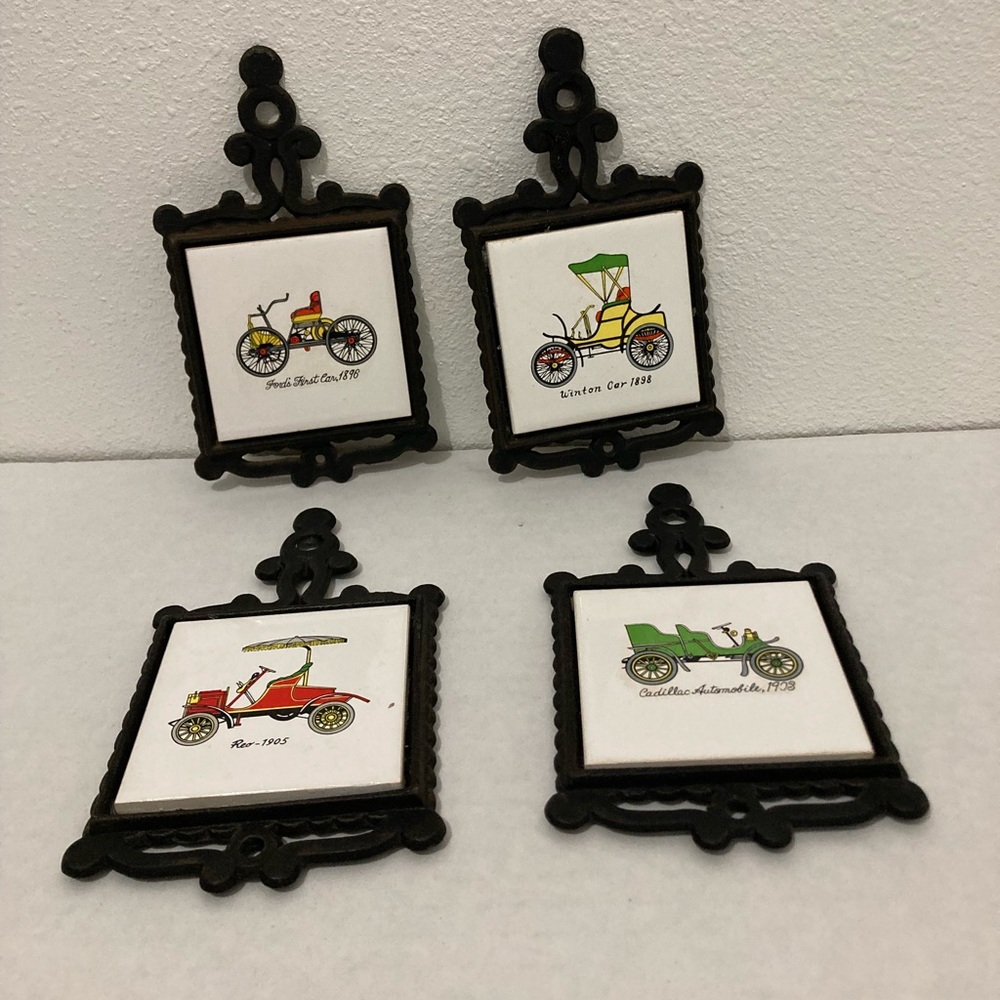 Vintage ARDCO Cast Iron Ceramic Tile Antique Cars Auto Wall Decor Set Of 4